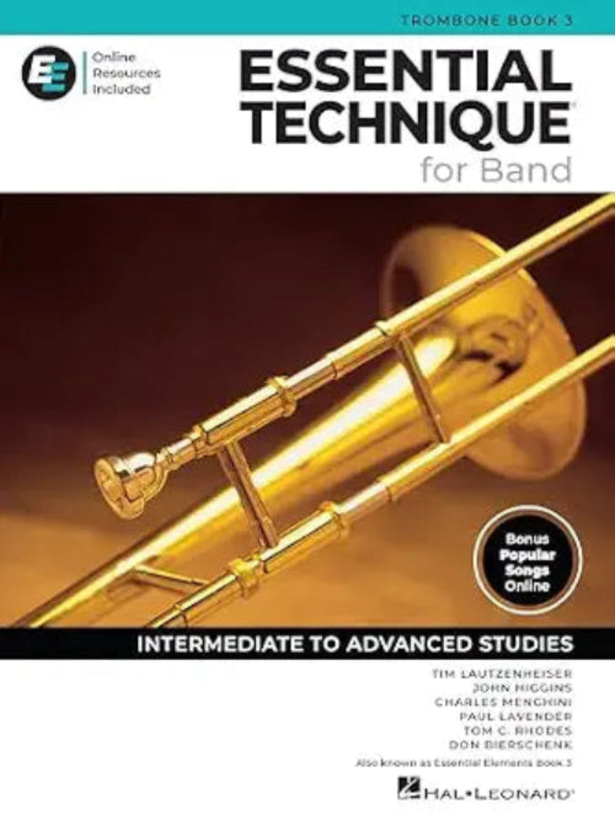 Book cover of 'Essential Technique for Band' on trombone with a gold trombone on a brown background
