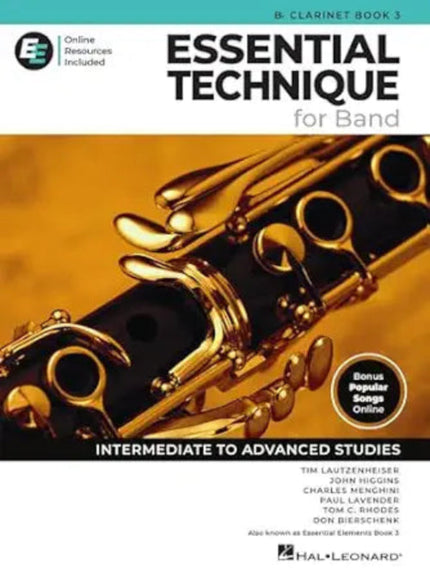 Book cover of 'Essential Technique for Band' on clarinet with a gold clarinet on a white background