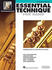 Music book titled 'Essential Technique for Band' featuring a trumpet on the cover, published by Hal Leonard.