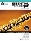 Music book titled 'Essential Technique for Band' on a brown background with a flute illustration.