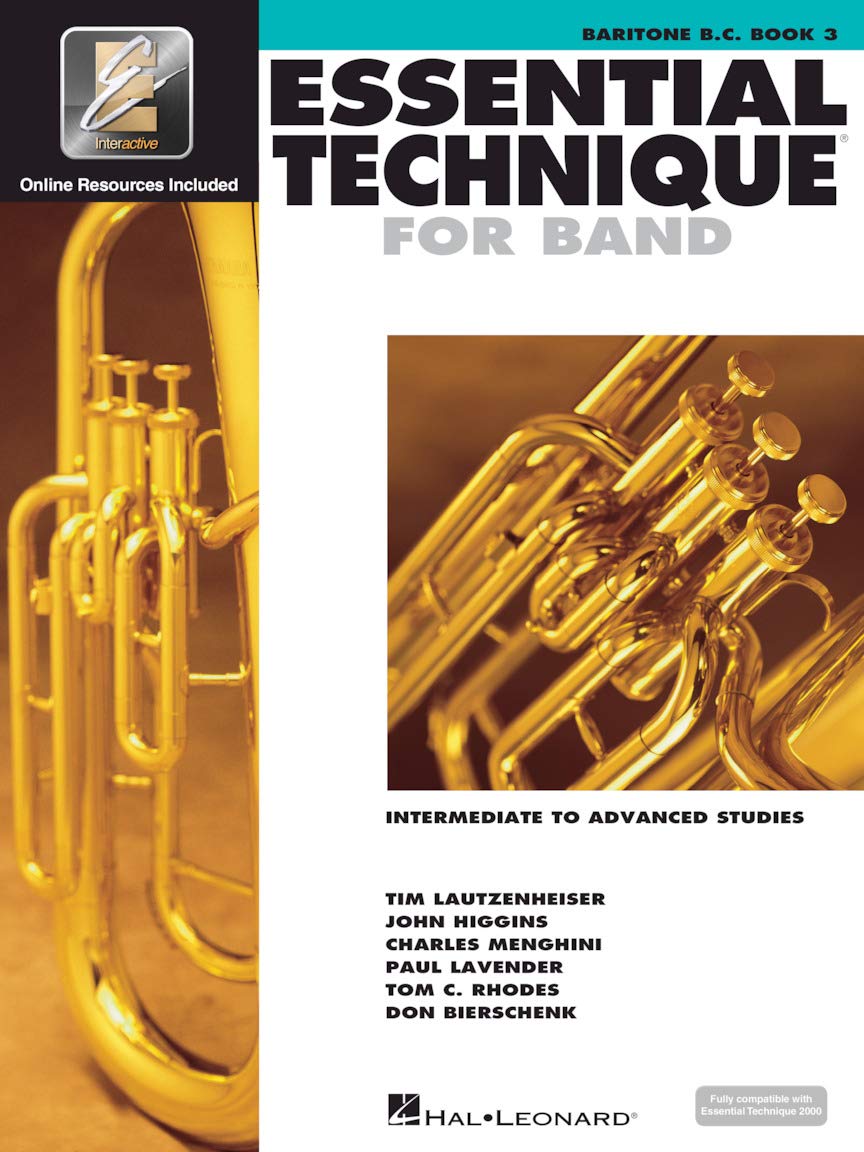 Book cover of 'Essential Technique for Band' with baritone horn illustration and Hal Leonard logo.