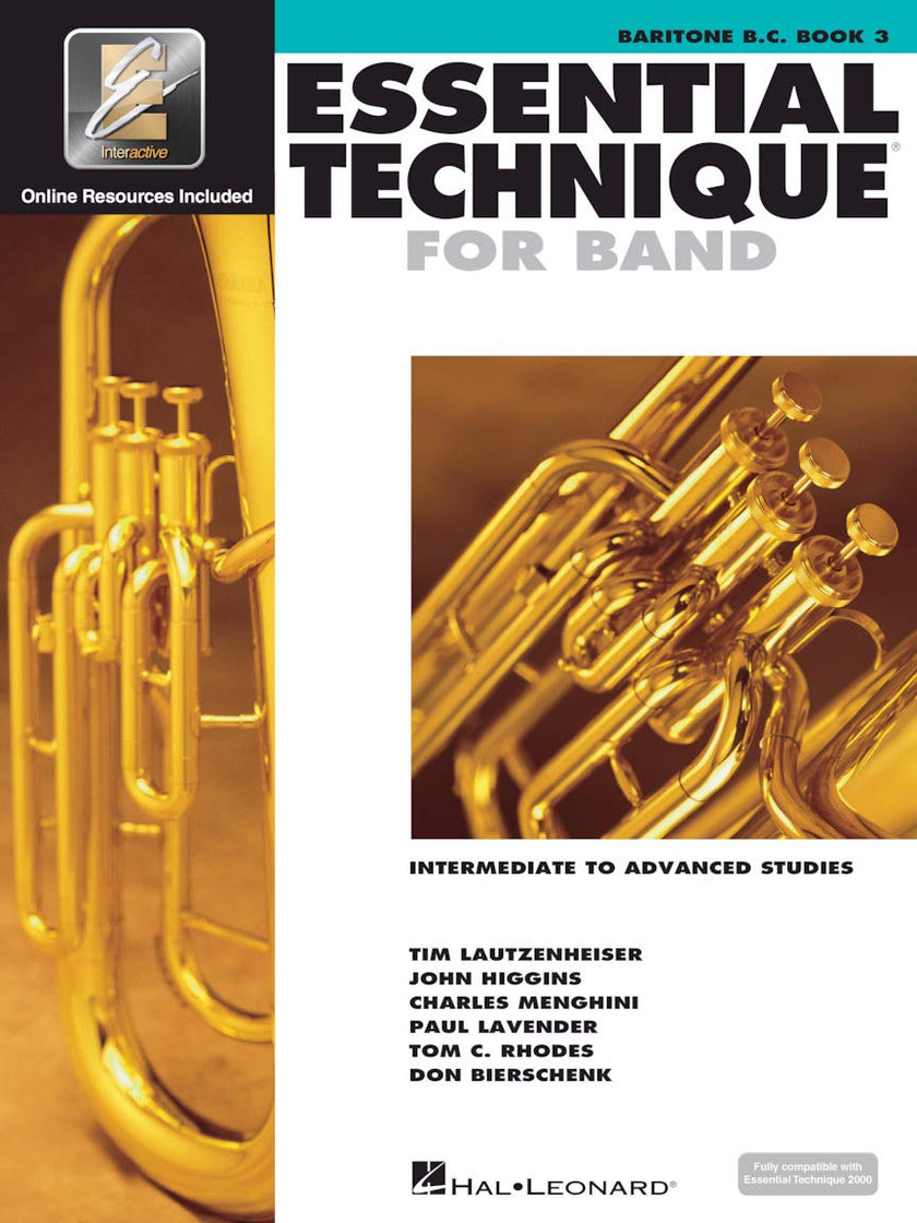 Book cover of 'Essential Technique for Band' with baritone horn illustration and Hal Leonard logo.