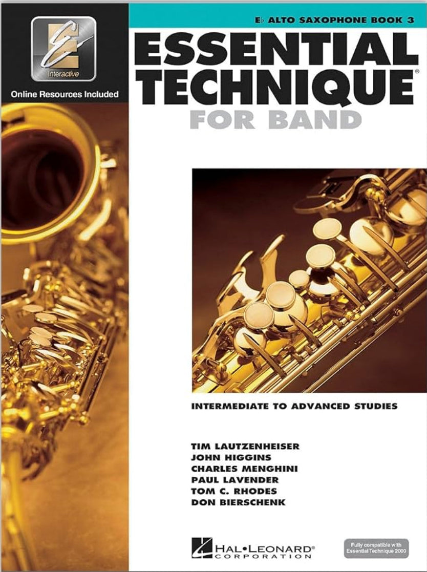 Book cover of 'Essential Technique for Band' on alto saxophone with saxophone images.