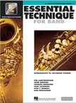 Book cover of 'Essential Technique for Band' on alto saxophone with saxophone images.