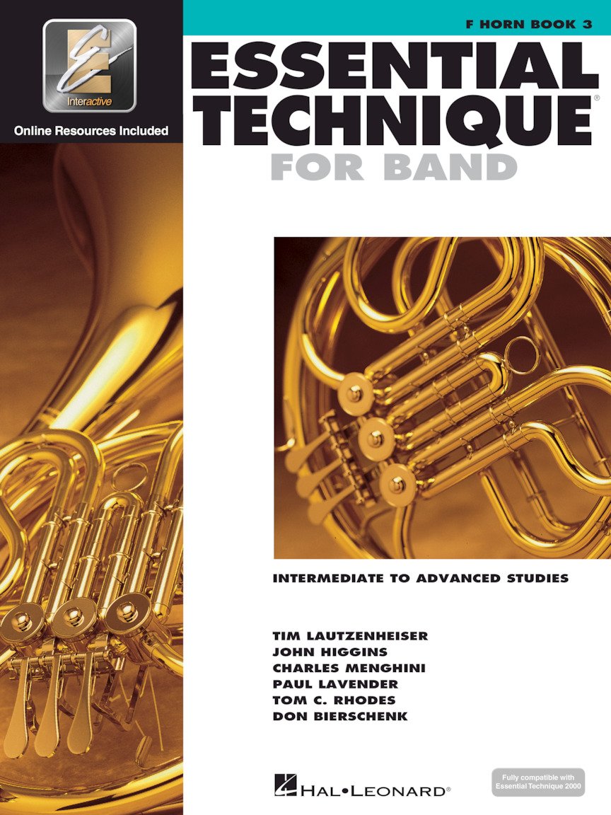Book cover of 'Essential Technique for Band' with a French horn on a white background