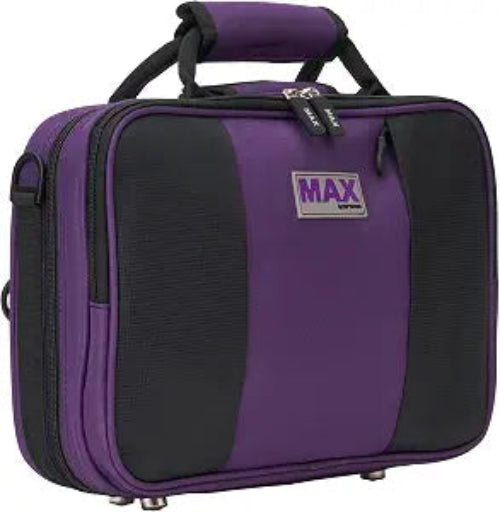 purple and black clarinet case on a white background