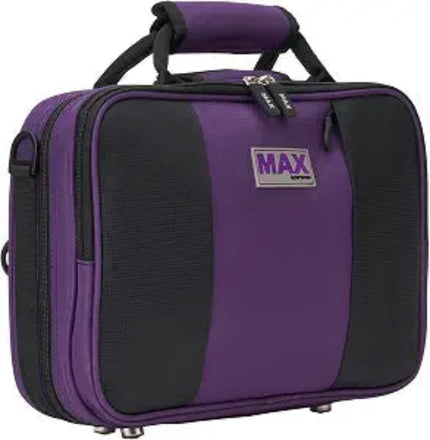 purple and black clarinet case on a white background