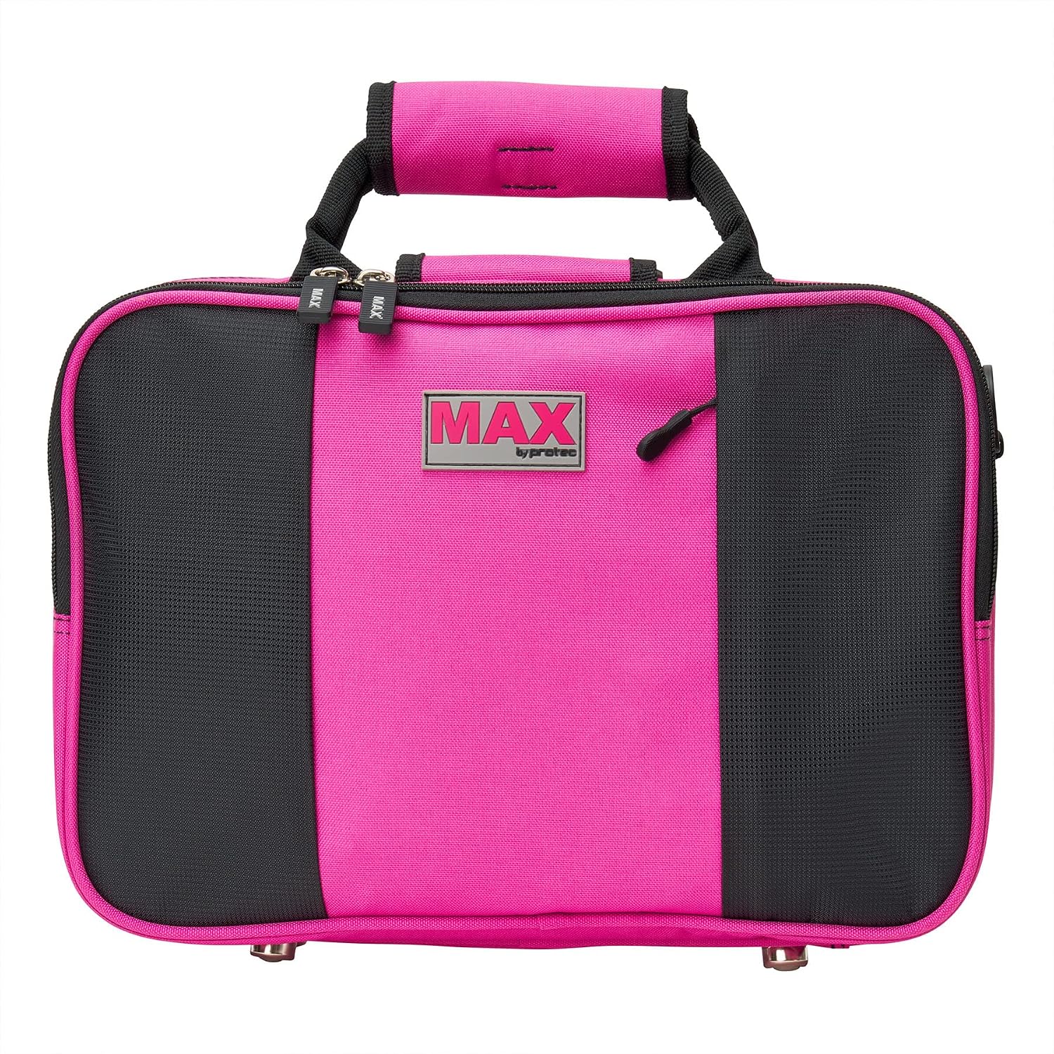 pink and black clarinet case on a white background