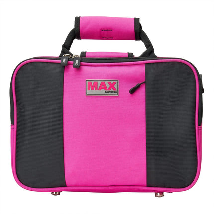 pink and black clarinet case on a white background