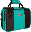 turquoise and black clarinet case on a white background