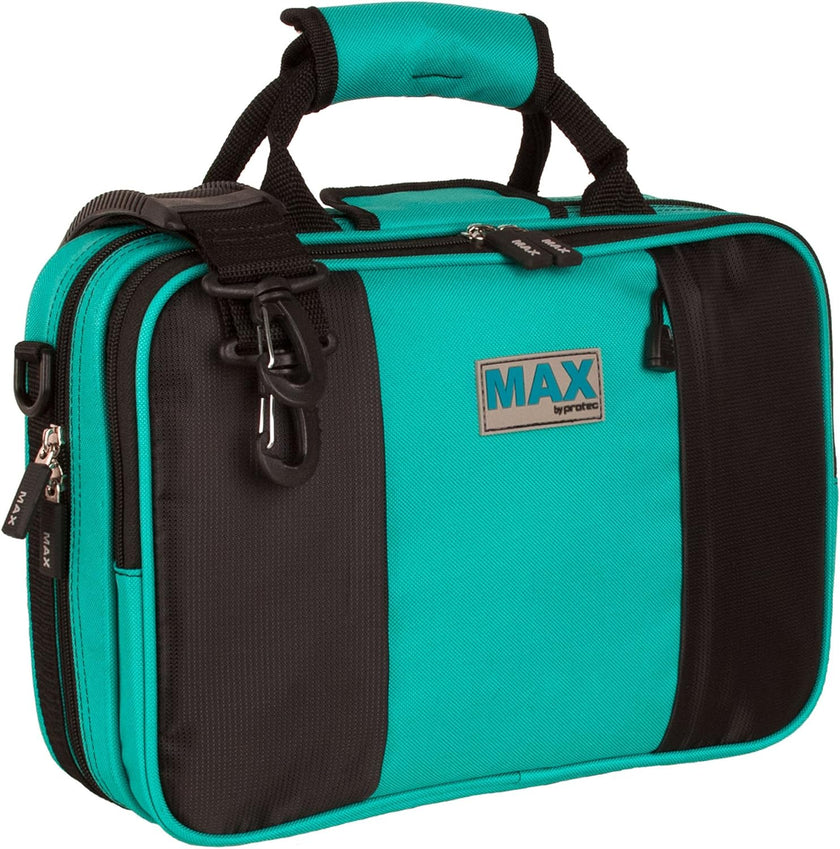 turquoise and black clarinet case on a white background