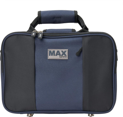Blue and black clarinet case on a white background