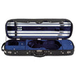 Open violin case with navy blue interior on a white background
