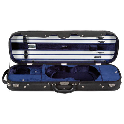 Open violin case with navy blue interior on a white background