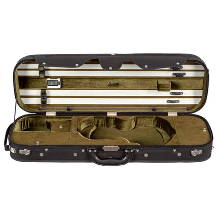 Open violin case with olive green interior on a white background