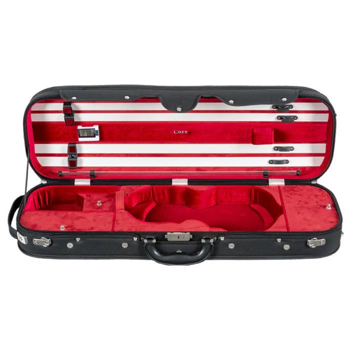 Violin case with red interior and striped lining on a white background