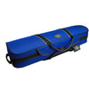 Blue violin case with black straps on a white background