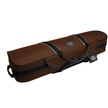 Brown violin case with black straps on a white background