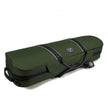 Green violin case with black straps on a white background