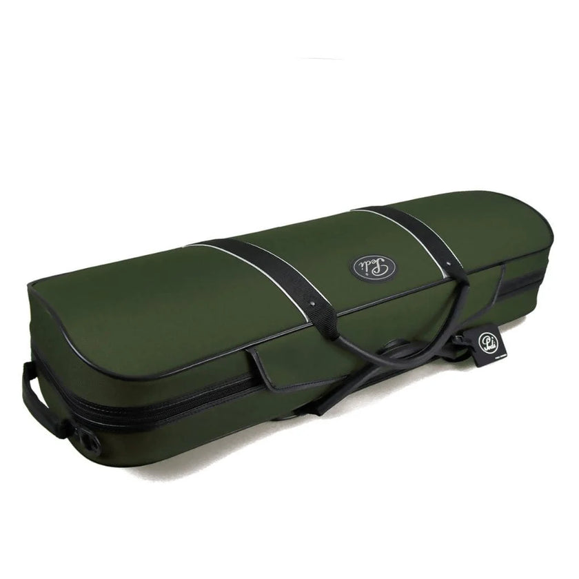 Green violin case with black straps on a white background