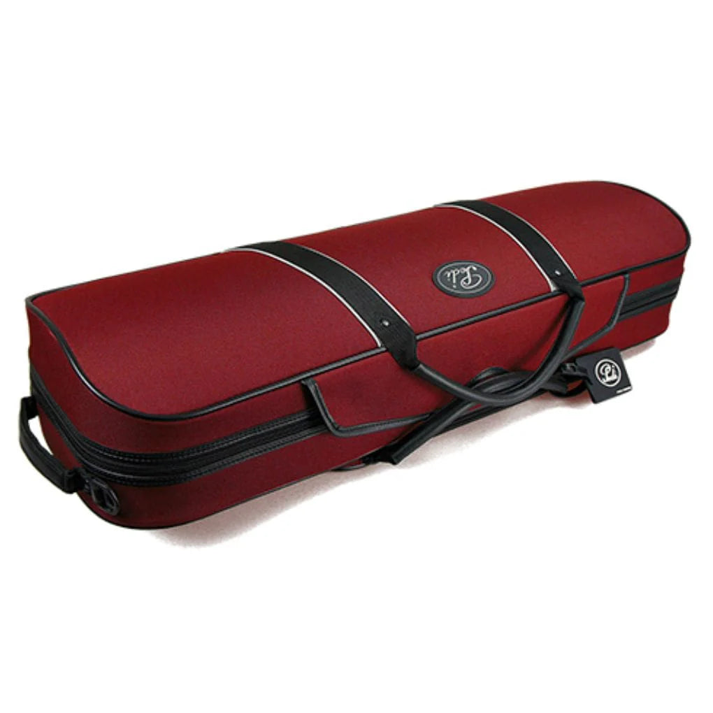 Red violin case with black straps on a white background