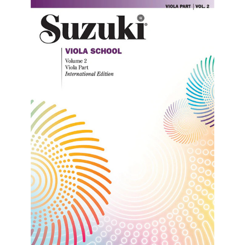 Suzuki Viola School Volume 2 cover with colorful abstract patterns on a white background