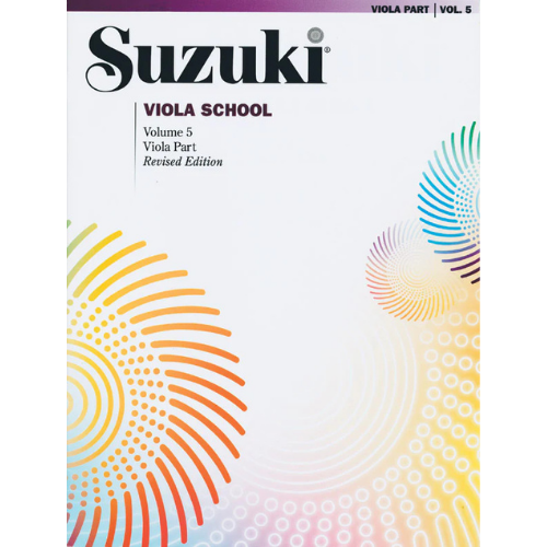 Suzuki Viola School Volume 5 book cover with colorful abstract patterns on a white background