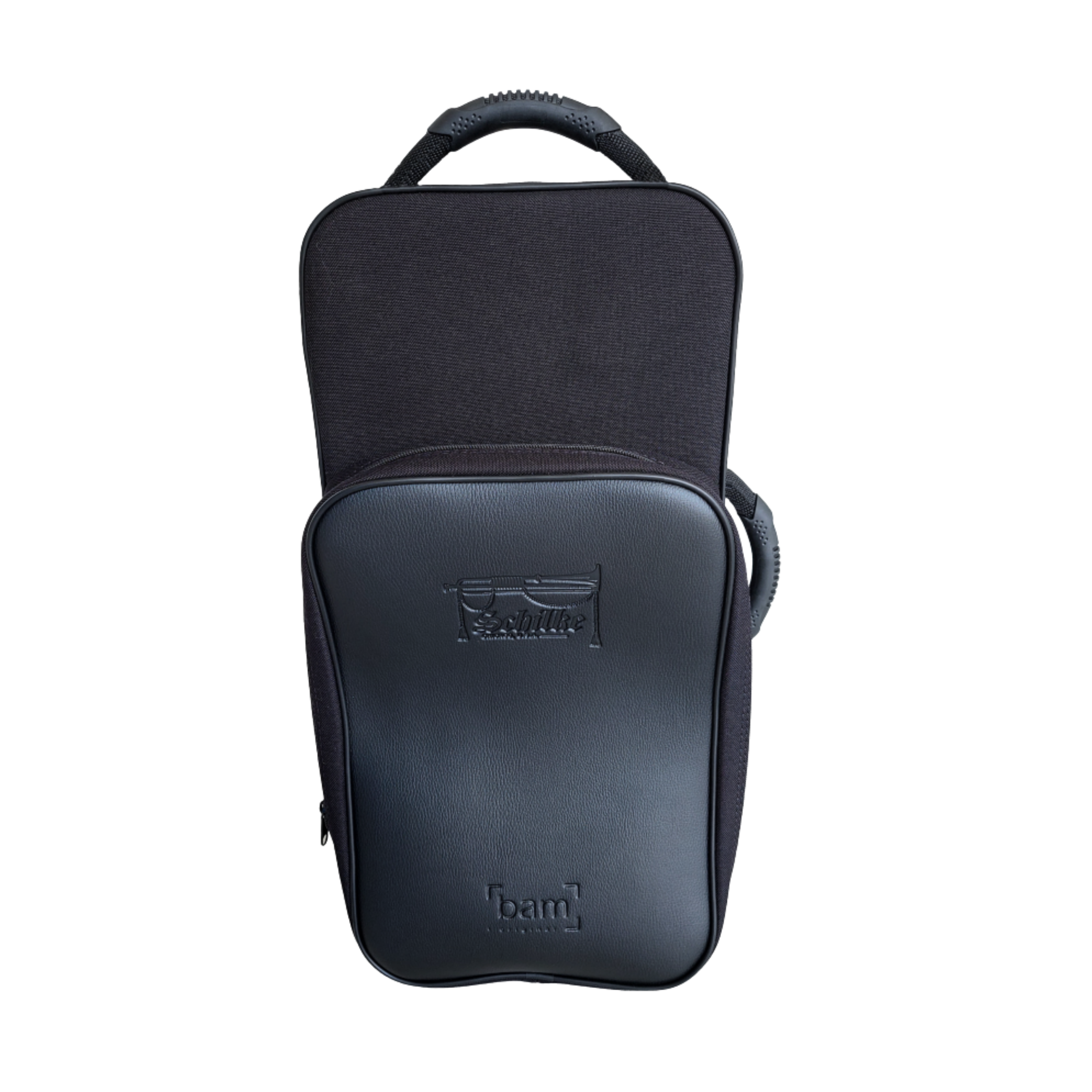 Black Double Trumpet Case standing upright with two handles and Schilke BAM branding on the front pocket.