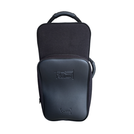 Black Double Trumpet Case standing upright with two handles and Schilke BAM branding on the front pocket.