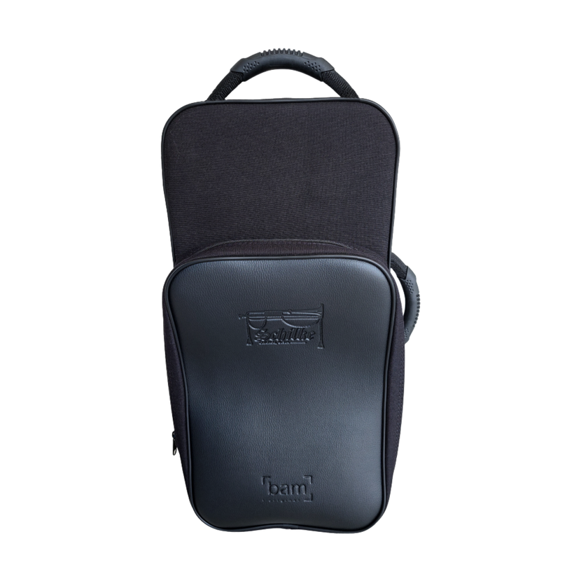 Black Double Trumpet Case standing upright with two handles and Schilke BAM branding on the front pocket.
