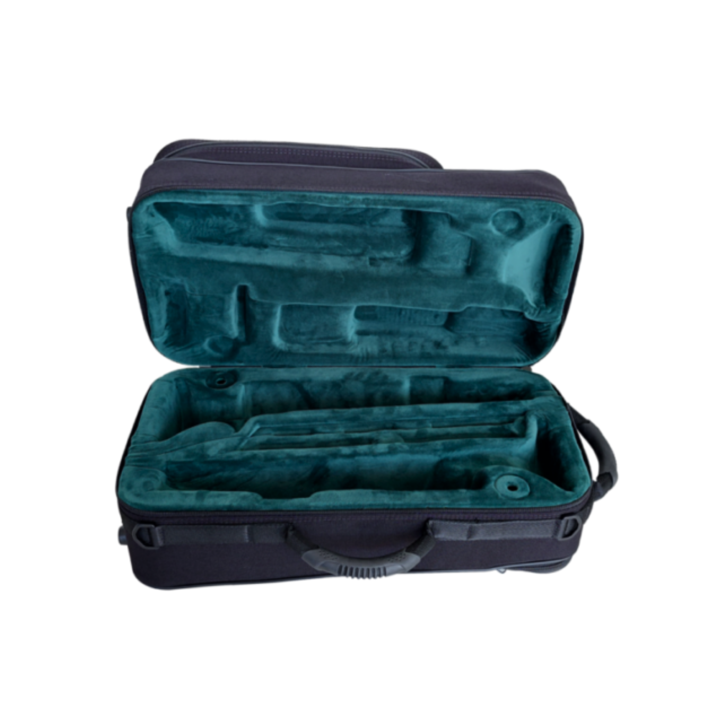 Opened Double Trumpet case laying down on its side showing green plush lined padded interior.