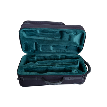 Opened Double Trumpet case laying down on its side showing green plush lined padded interior.