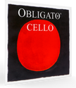 Obligato cello string packaging with a red circle on a black background