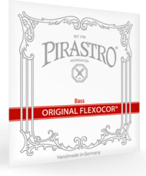 Pirastro bass string set packaging with decorative elements on a white background